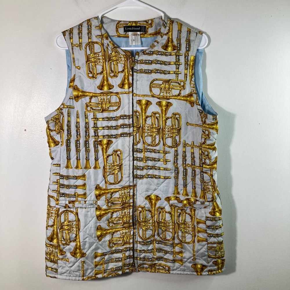 Vintage Louis Feraud Quilted Vest Women Musical Instruments Print Light Blue 10